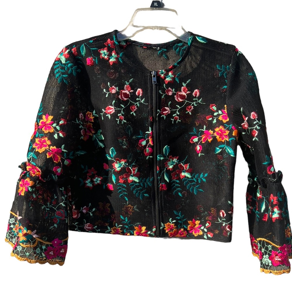 TopShop Floral Embroider Mesh Jacket Bell Sleeve Size 4 Black